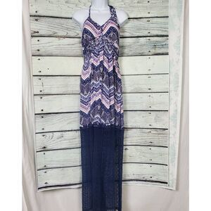 Vanity Chevron Lace Halter Maxi Dress Boho Festival Navy Pink Women’s Large